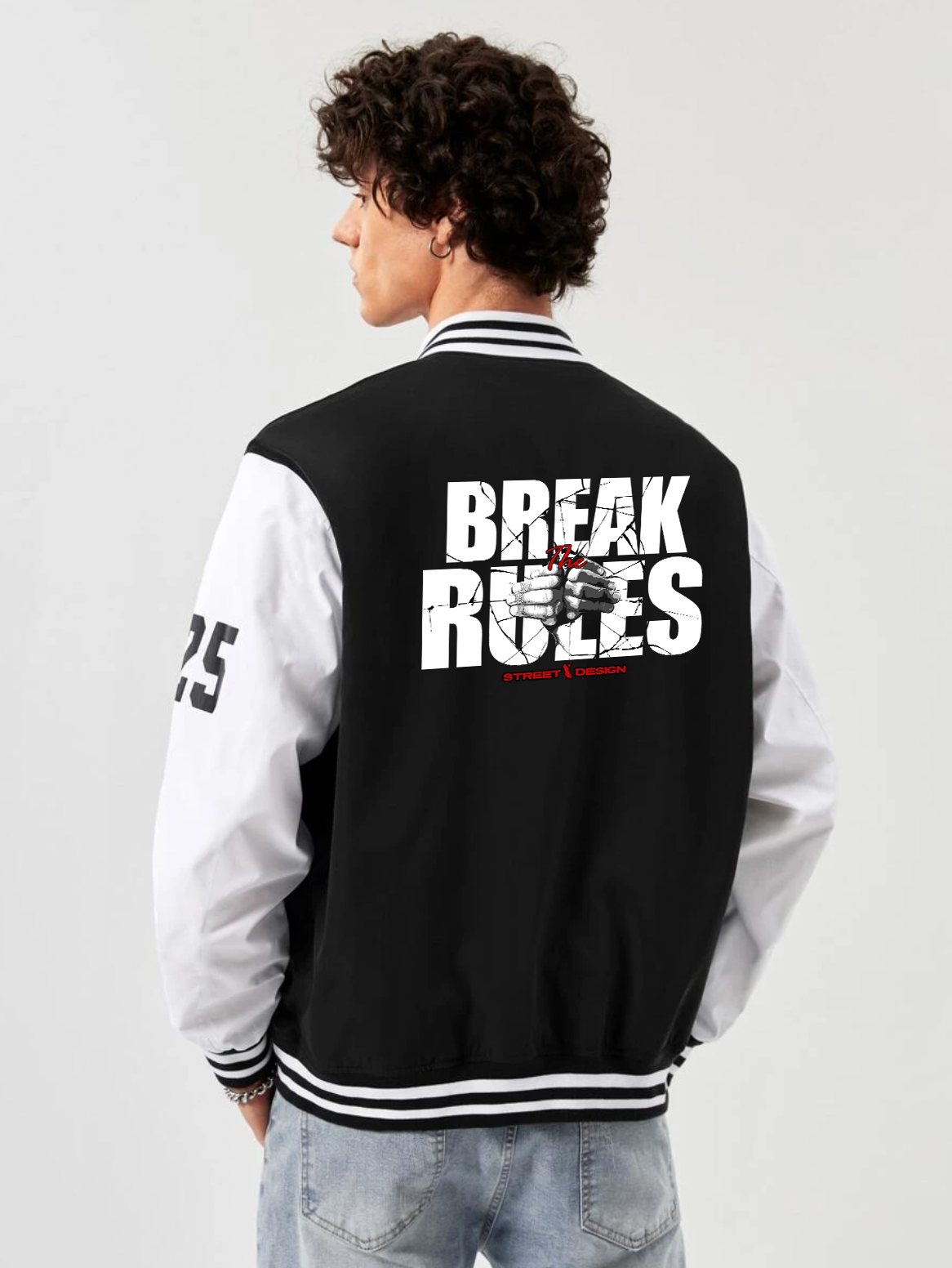 alfaq Break rules black and white color  varsity jacket