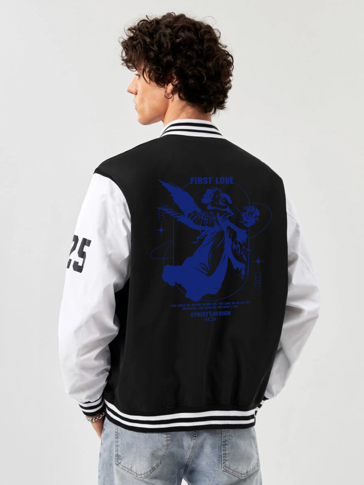 Alfaq First love print black and white color  varsity jacket