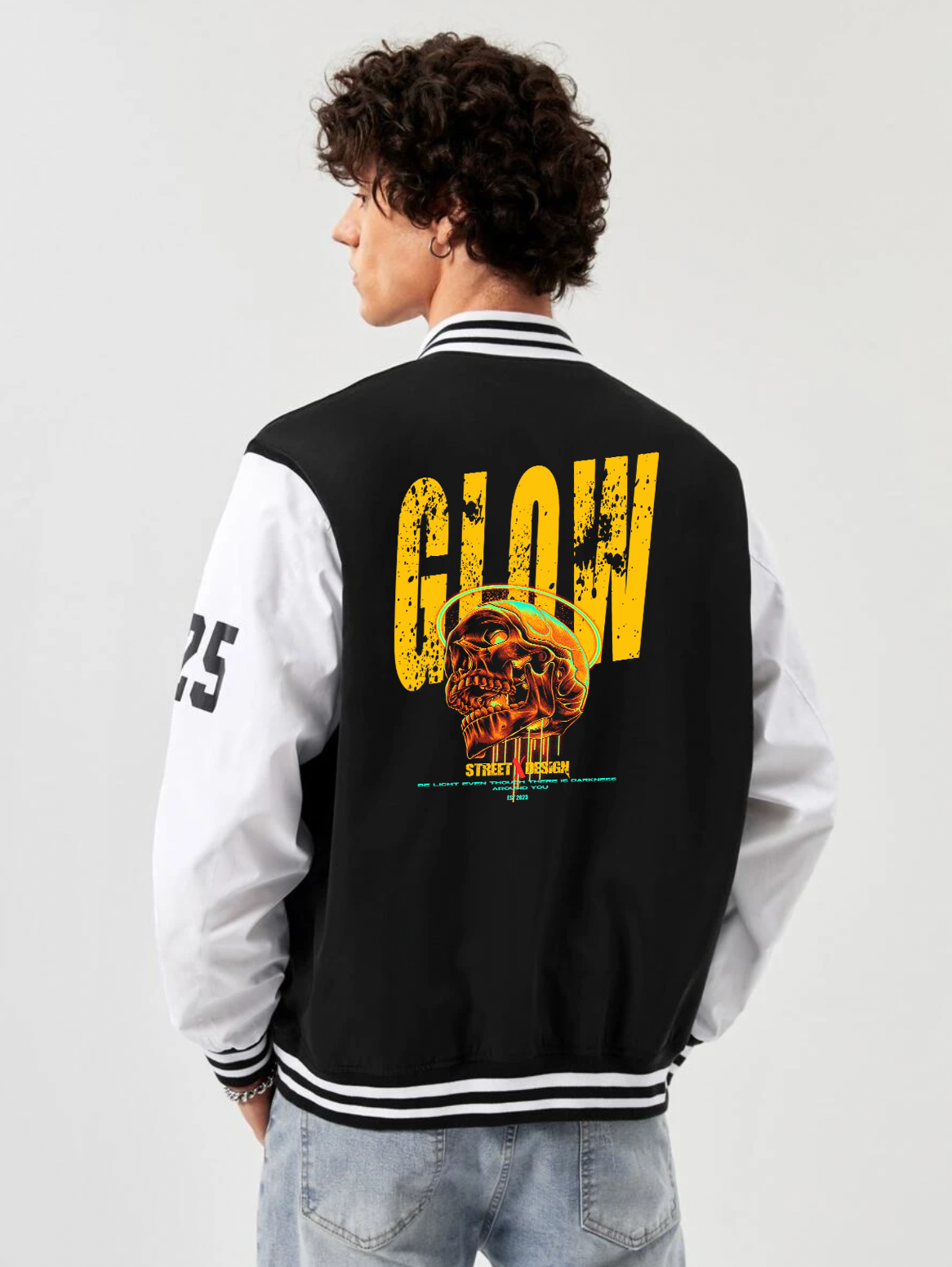 Alfaq Glow print black and white color varsity jacket
