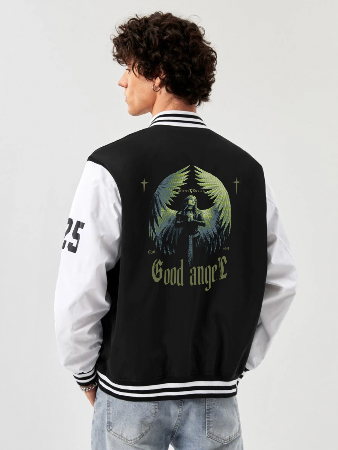 Alfaq Good angel print black and white color varsity jacket