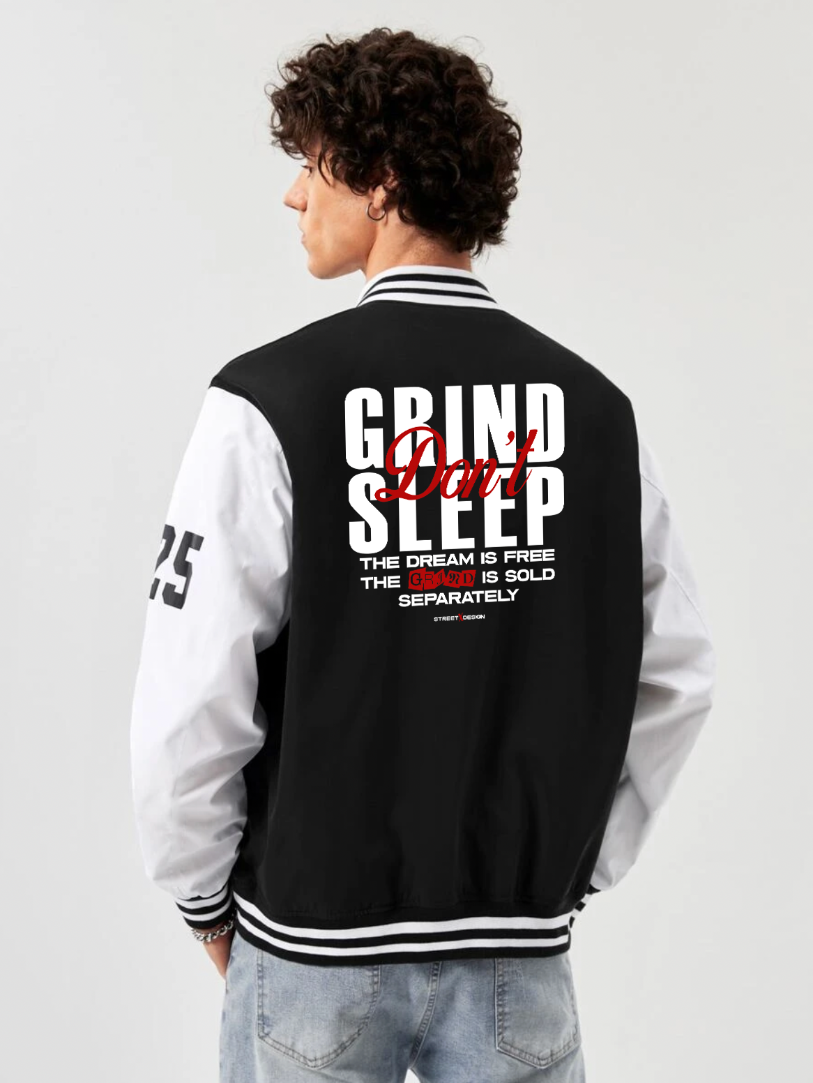 Alfaq Grind sleep print black and white color varsity jacket