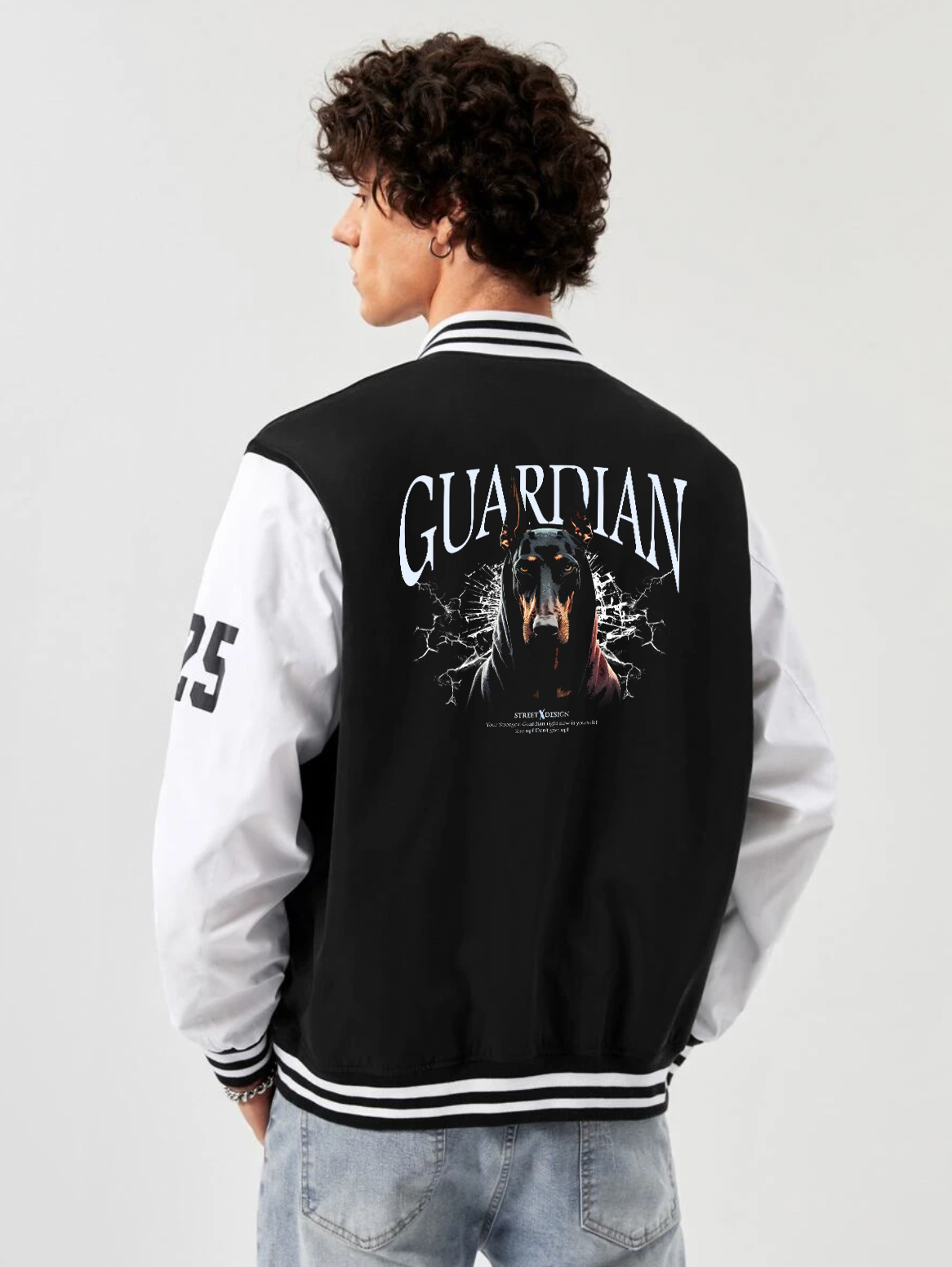 alfaq guardian print black and white color varsity jacket 