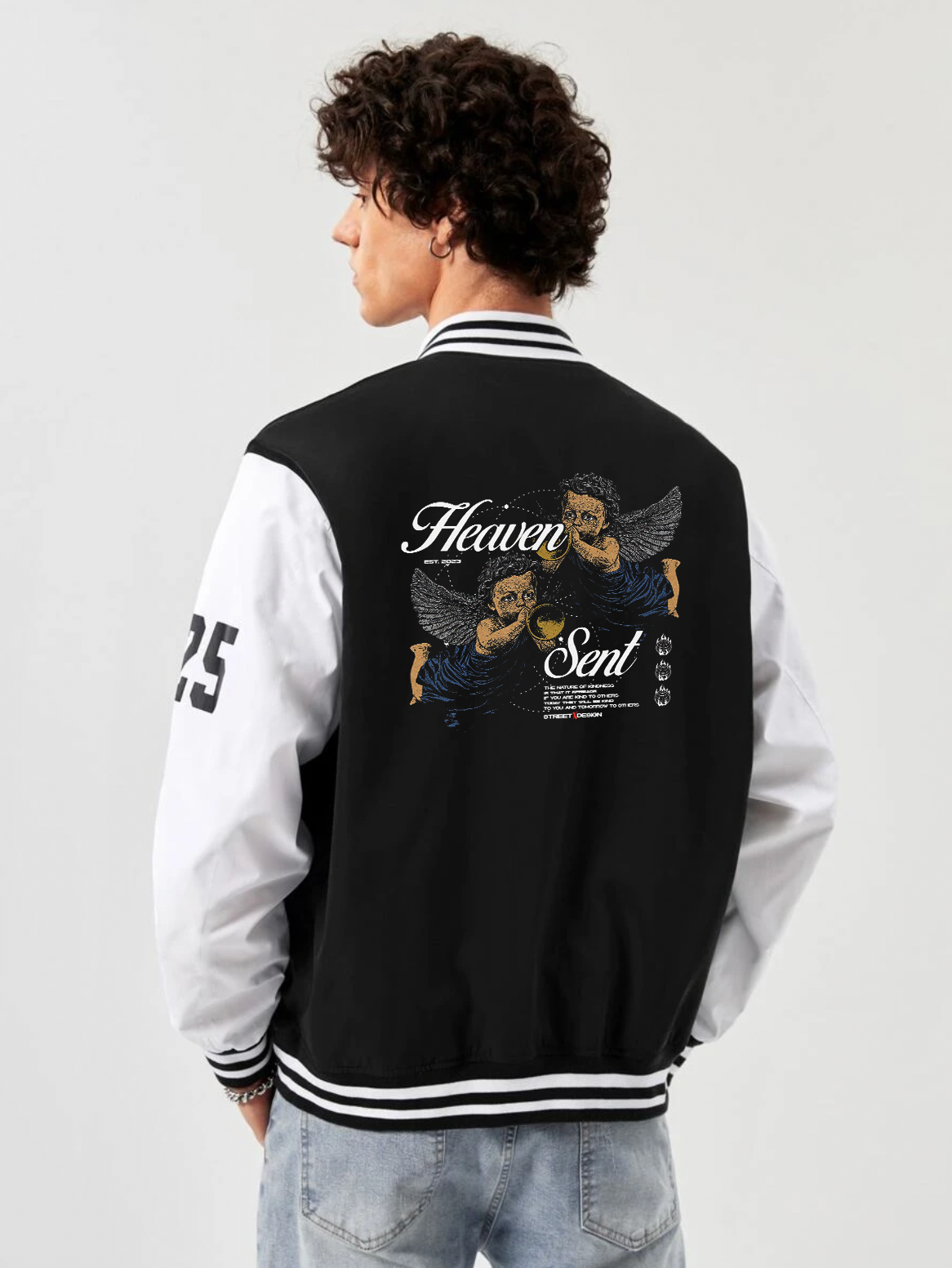 alfaq printed black and white color varsity jacket 