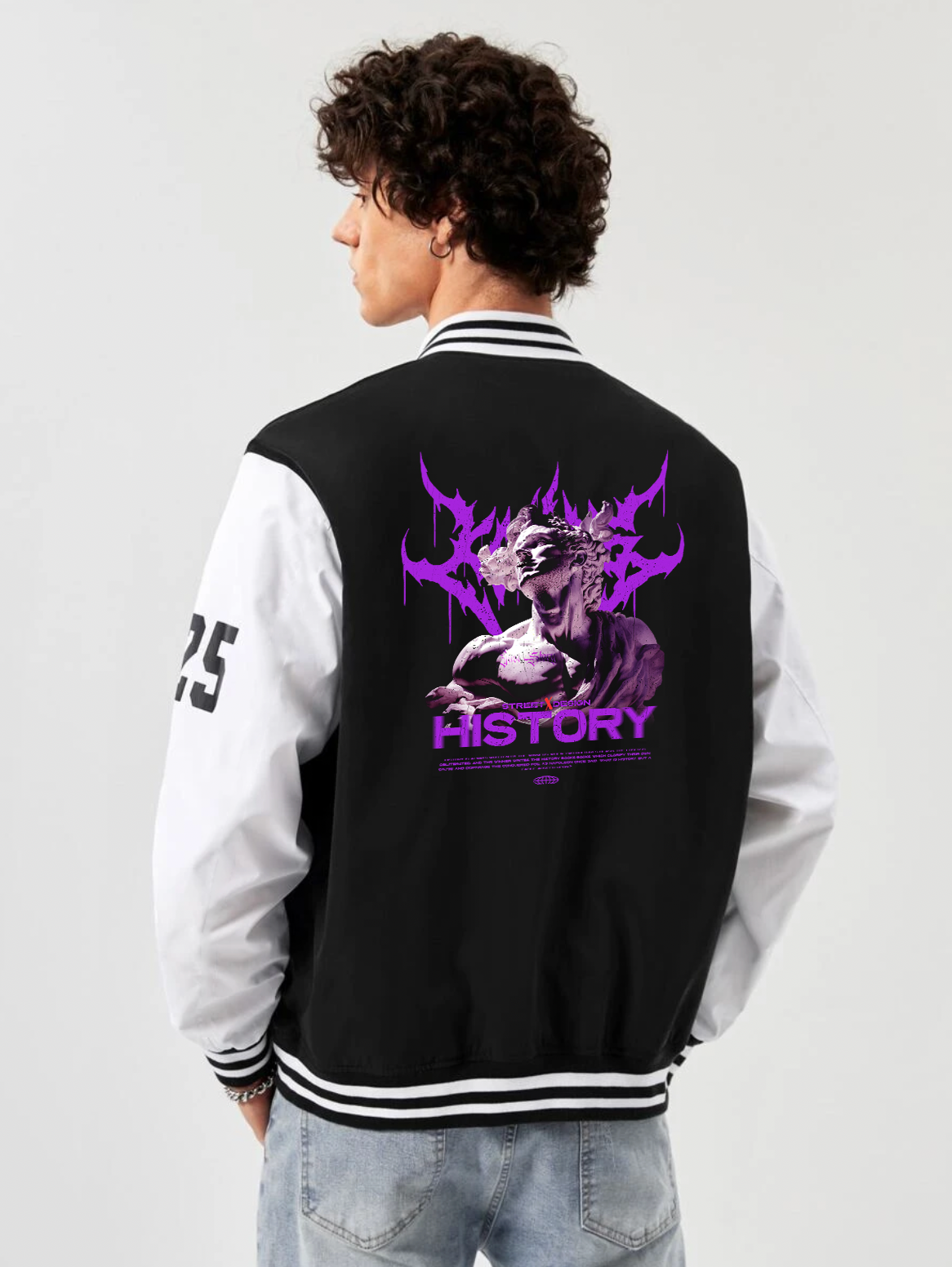 alfaq history print black and white color varsity jacket