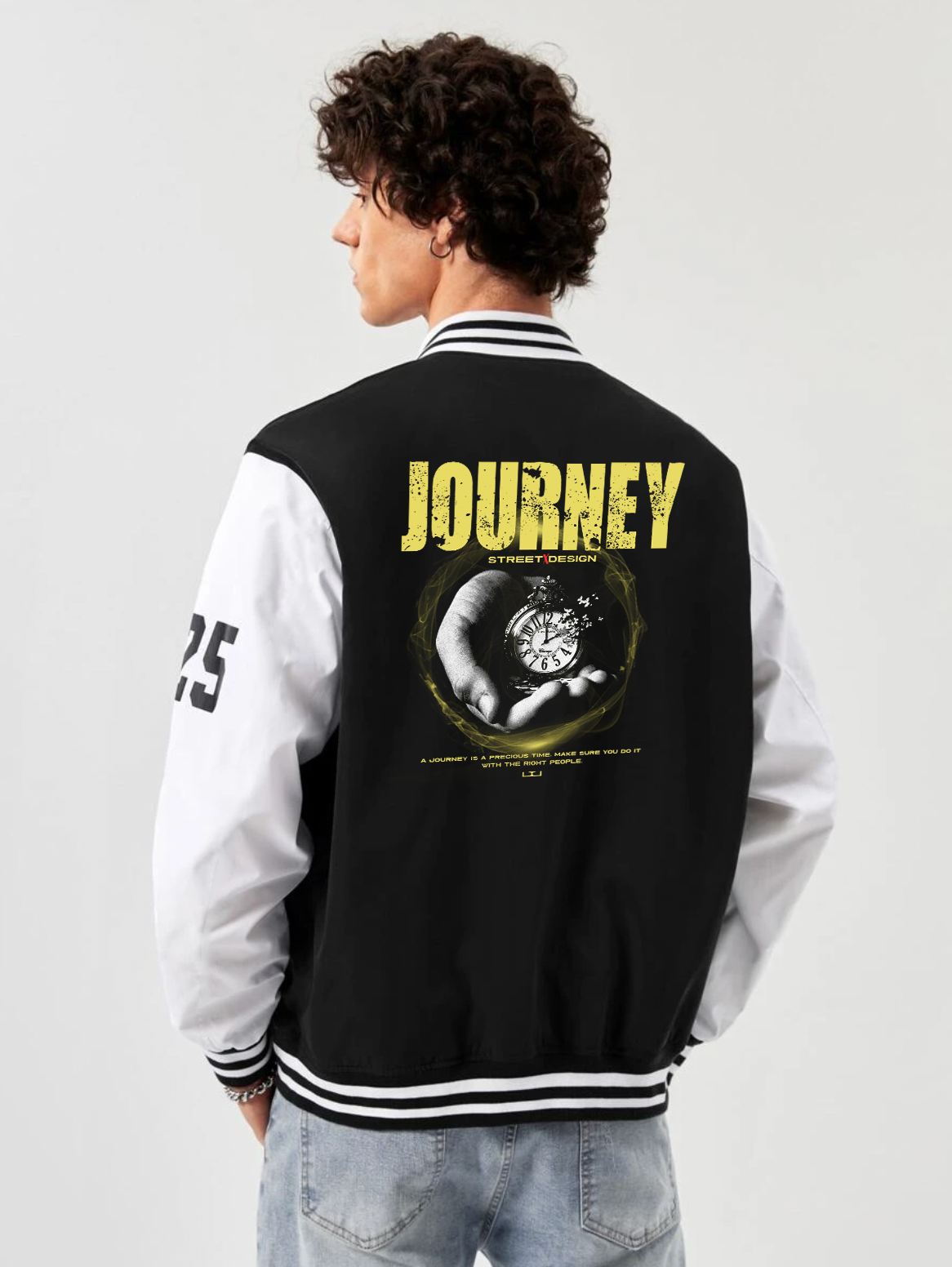 alfaq journey print black and white color varsity jacket 