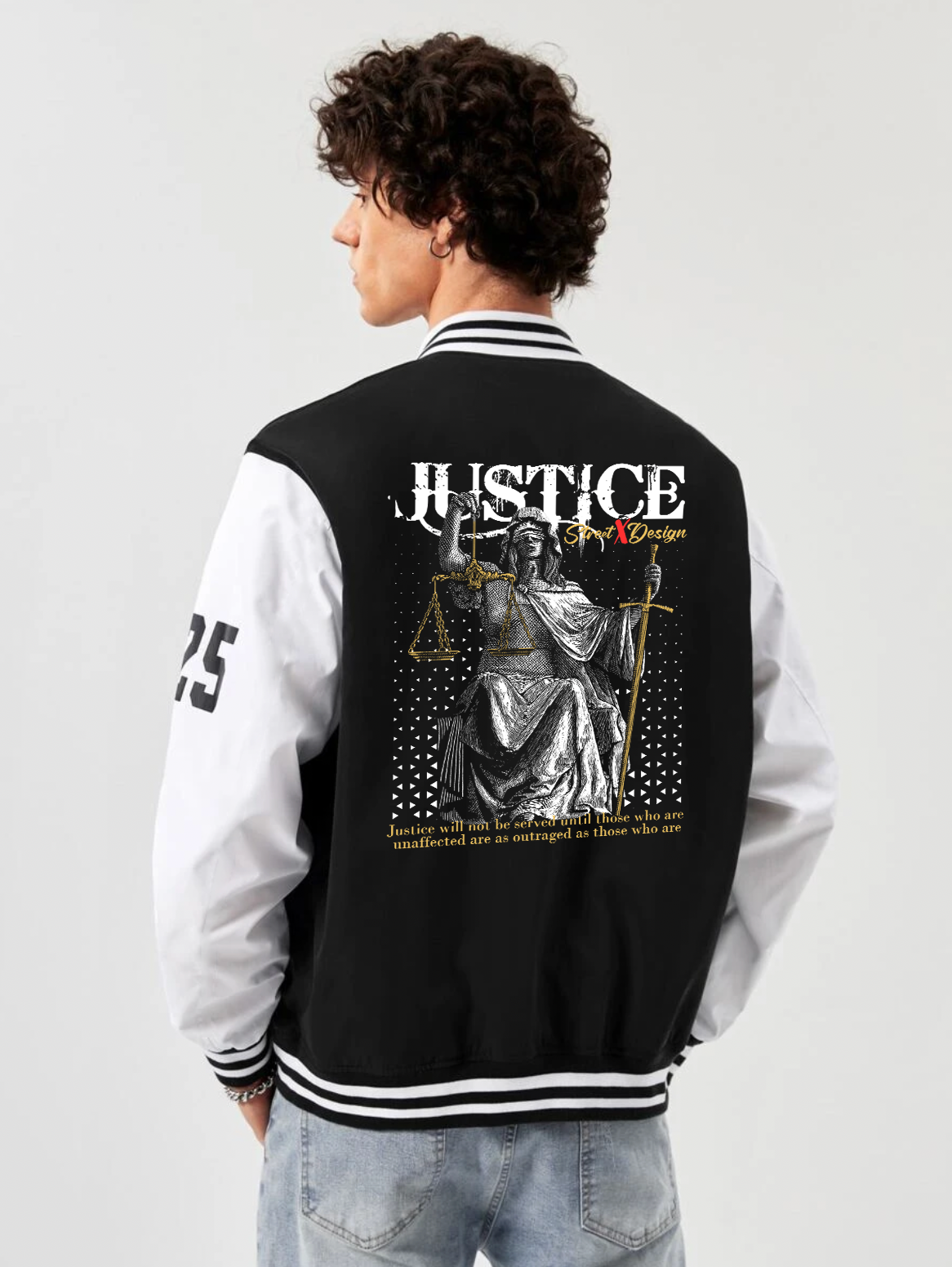 alfaq justice print black and white color varsity jacket