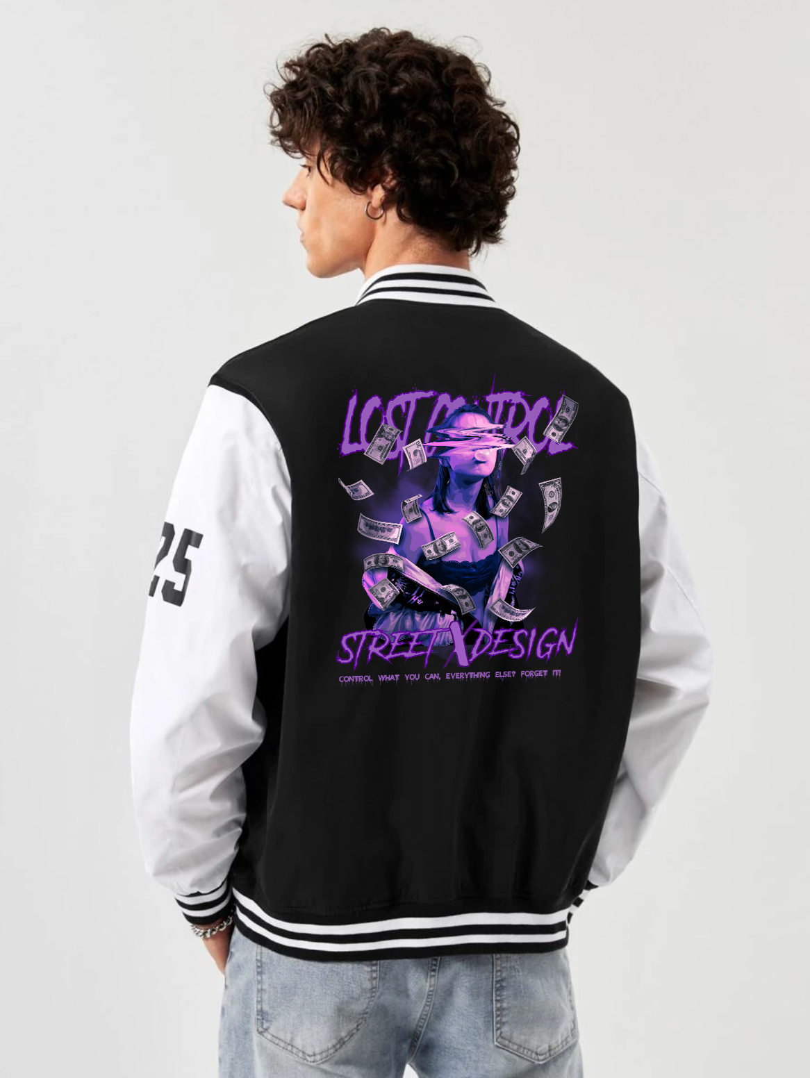 alfaq printed black and white color varsity jacket 