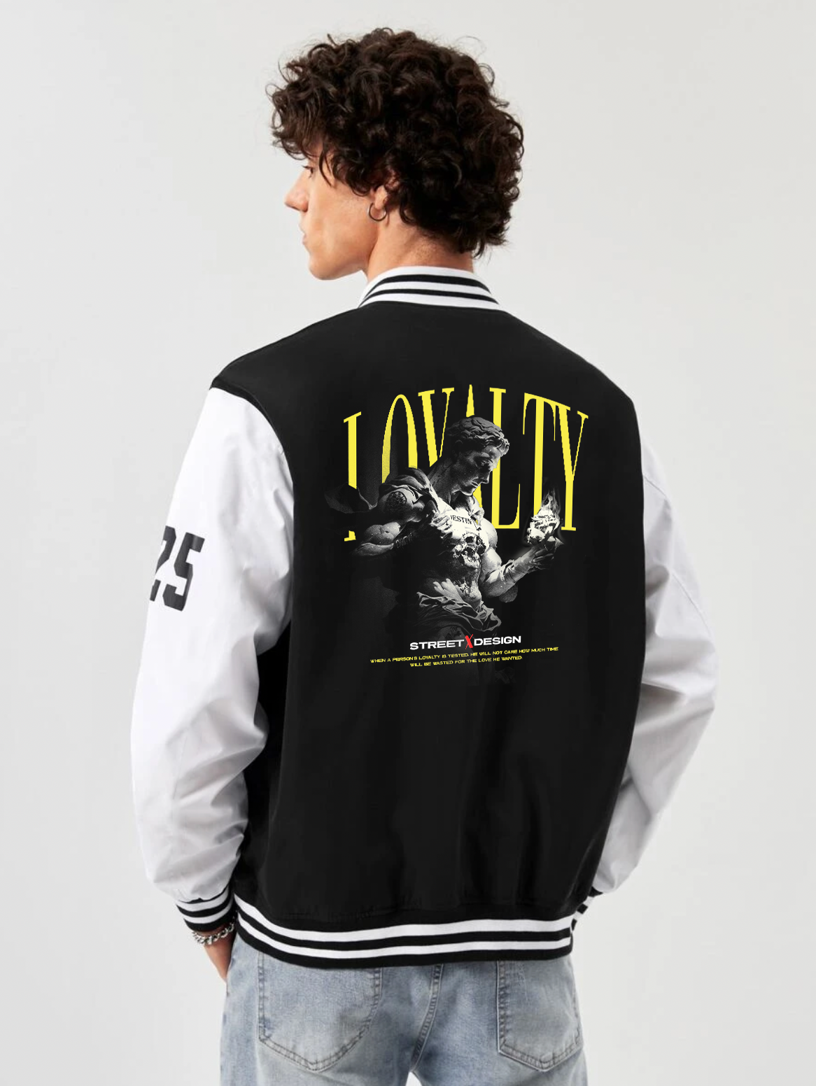 alfaq loyalty print black and white color varsity jacket 