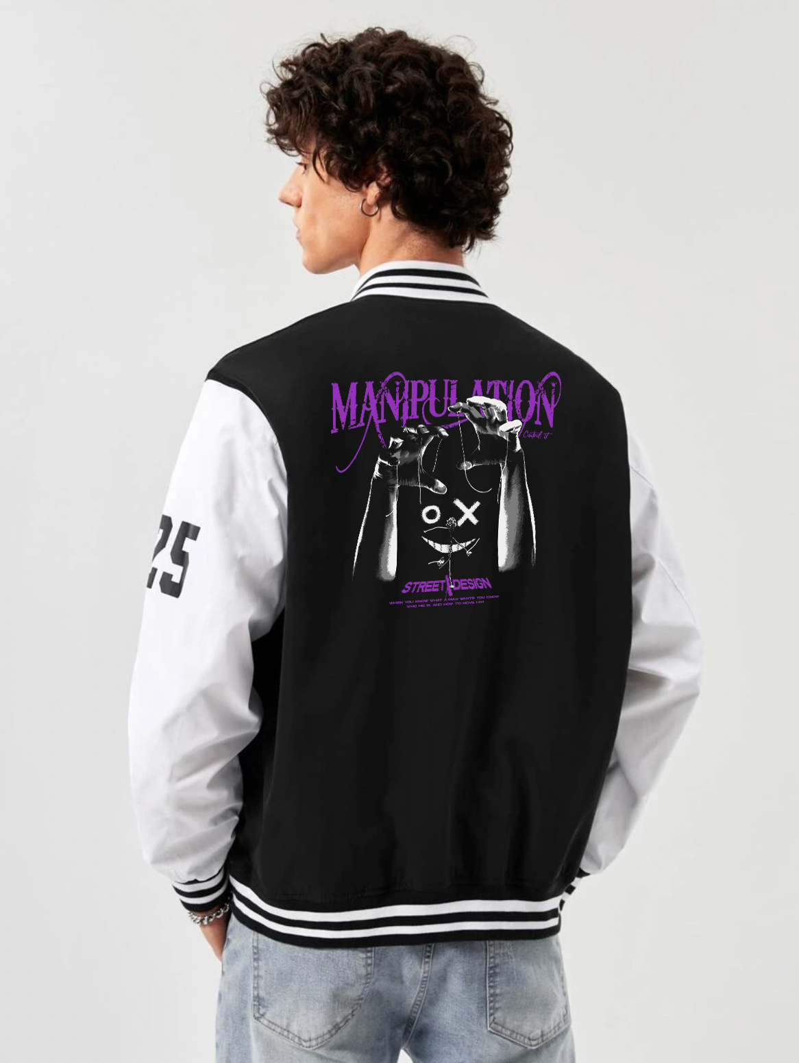 alfaq manipulation print black and white color varsity jacket 