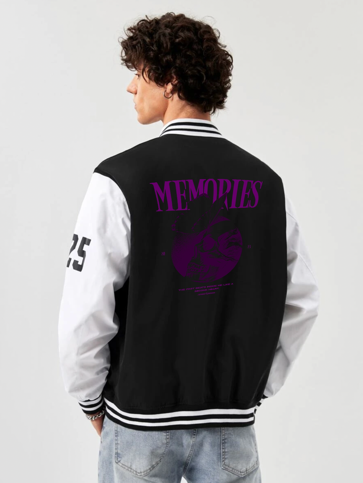 alfaq memories print black and white color varsity jacket 