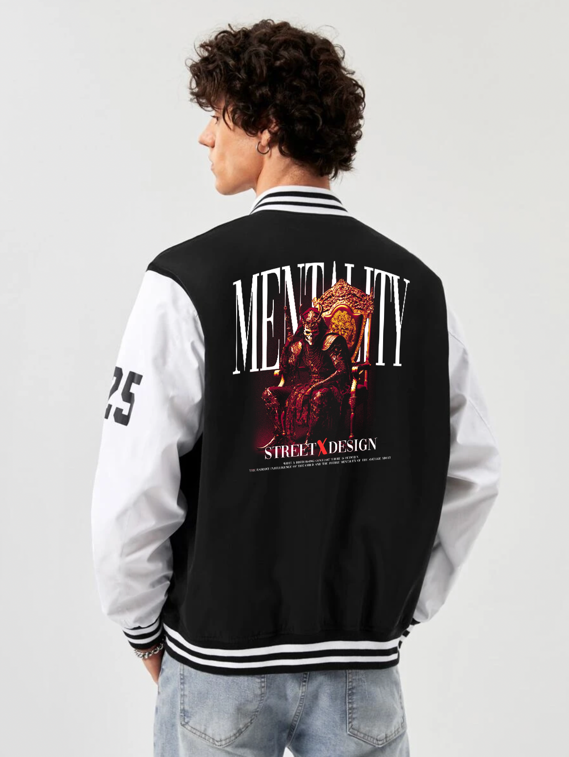 alfaq mentality print black and white color varsity jacket