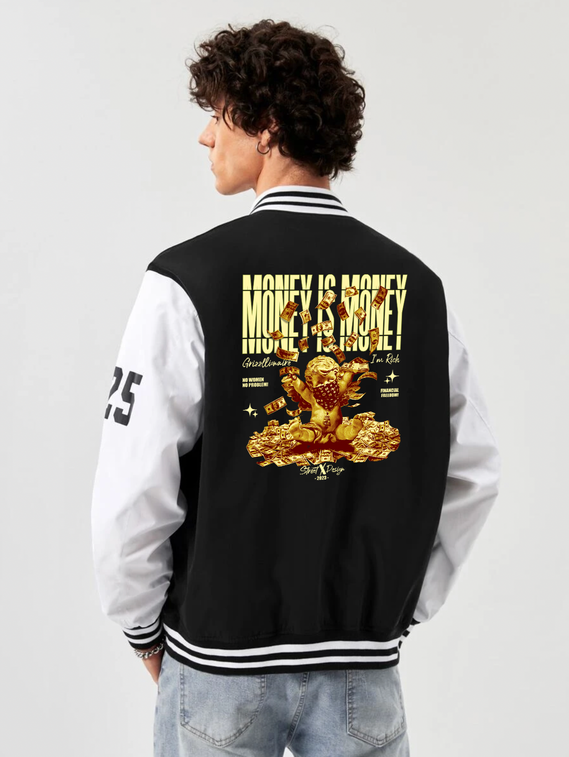 alfaq money is money print black and white color varsity jacket
