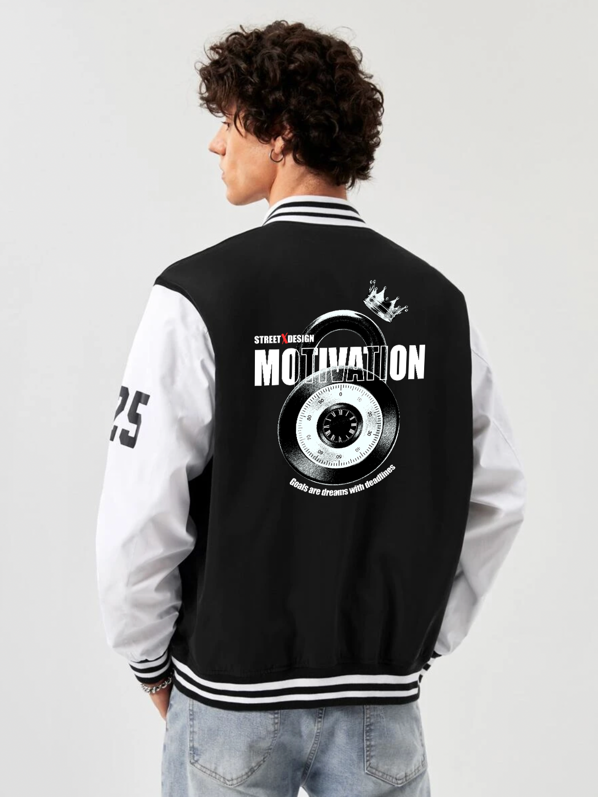 alfaq printed black and white color varsity jacket 