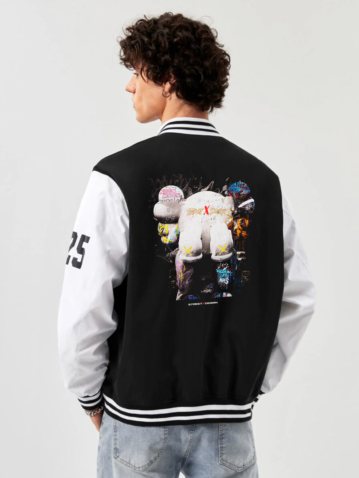 alfaq printed black and white color varsity jacket 
