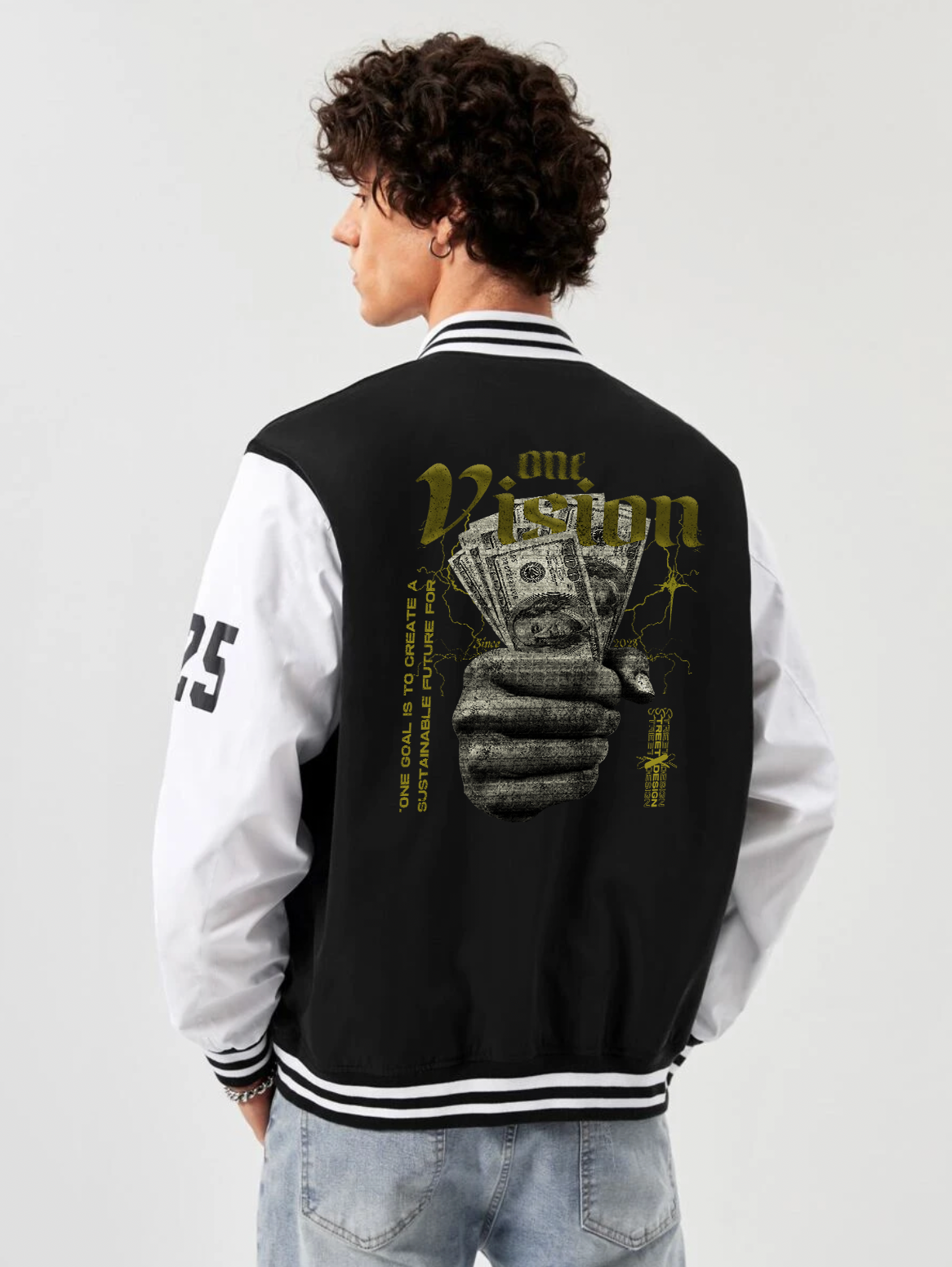 alfaq printed black and white color varsity jacket 