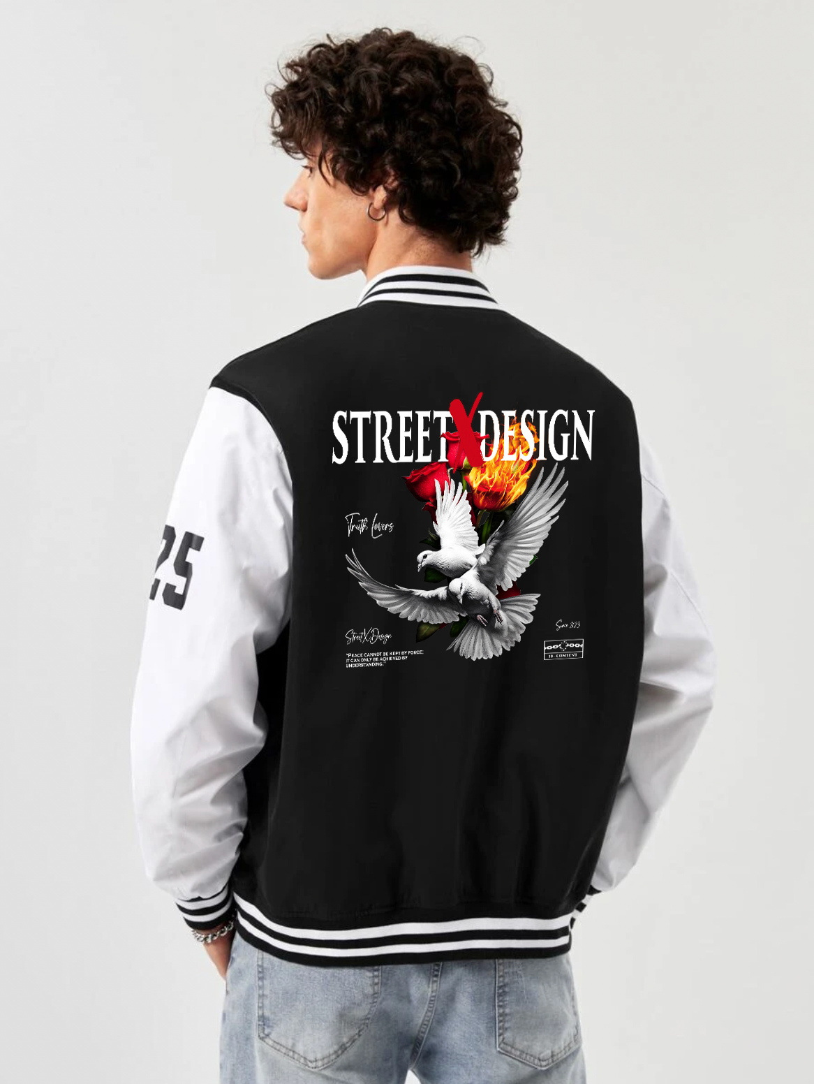 alfaq printed black and white color varsity jacket 